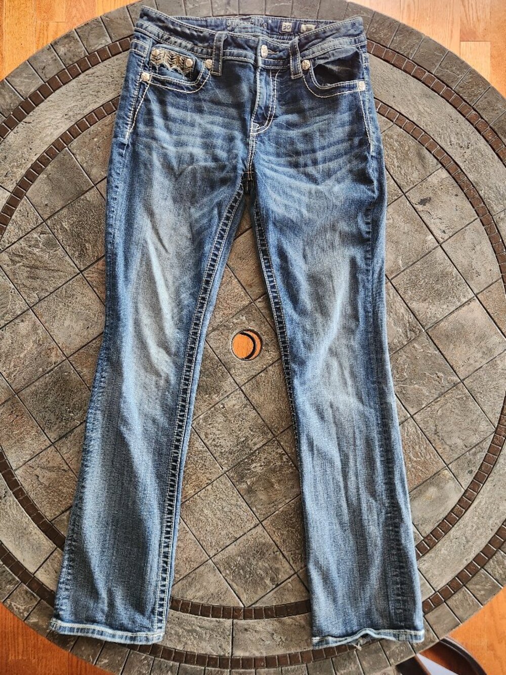 MissMe Mid Rise Slim Boot Jeans Women's Size 30 Embellished Pockets Distressed